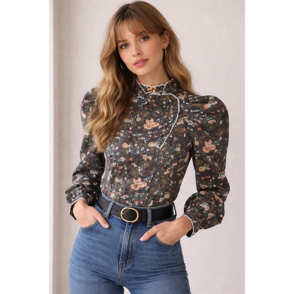 Ulla Johnson Naomi Floral Puff Sleeve Ruffled Neck Fringe Blouse Multi Size 0